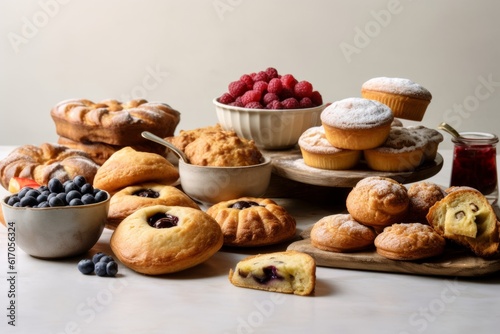Selection of baked goods infused with blueberries, such as muffins, pancakes, pies, arranged artfully on a white surface, evoking the irresistible aroma and taste of freshly baked treats. Generative