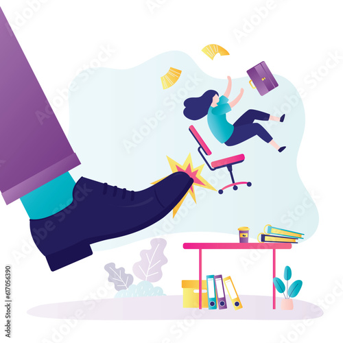 Huge boot kicked dismissal worker. Boss fired female employee from company. Concept of jobless troubles, staff reduction. Businesswoman dismissed from work, empty workplace.