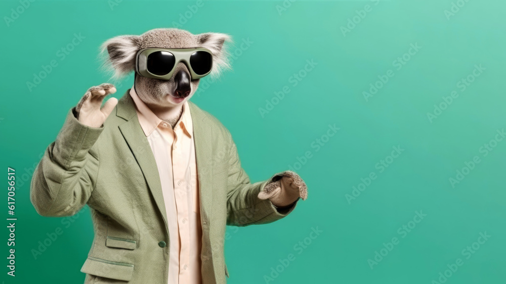 koala in VR glasses on green background, Generative AI