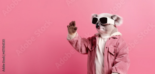 koala in VR glasses on pink background, Generative AI © gankevstock