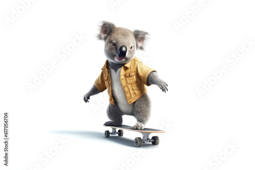 koala skaiting on the skateboard on white background, Generative AI photo