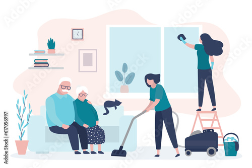 Elderly people hired cleaning service to clean their house or apartment. Housekeeping, women workers with various cleaning tools. Team doing housework.