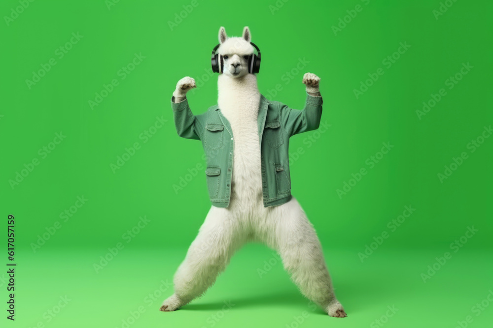 llama in headphones on green background, Generative Ai llama in headphones on green background, Generative Ai