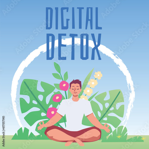 Squared banner with meditating woman about digital detox flat style