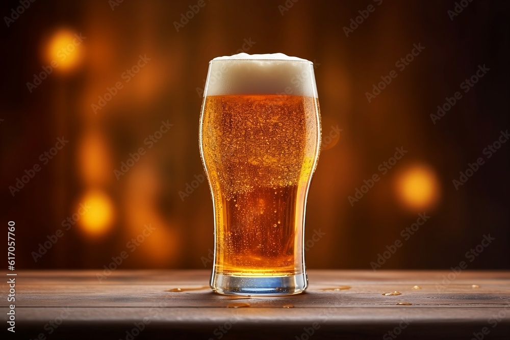 A glass of light beer with a high foam on the table. Refreshing drink. Generative AI.