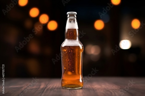 A bottle of light beer on dark background. Refreshing drink. Generative AI.