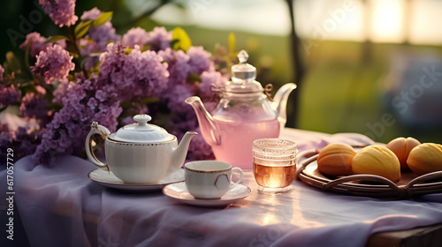 Cozy tea party in beautiful garden. Teapot, cups of coffee, milk pitcher and pear fruit on table with linen table cloth. Bouquet of purple lilacs, viburnum flowers.  photo