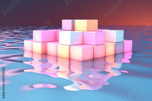 3d render  abstract geometric background. Colorful iridescent panels joined to white rocks levitate above the water. AI generative