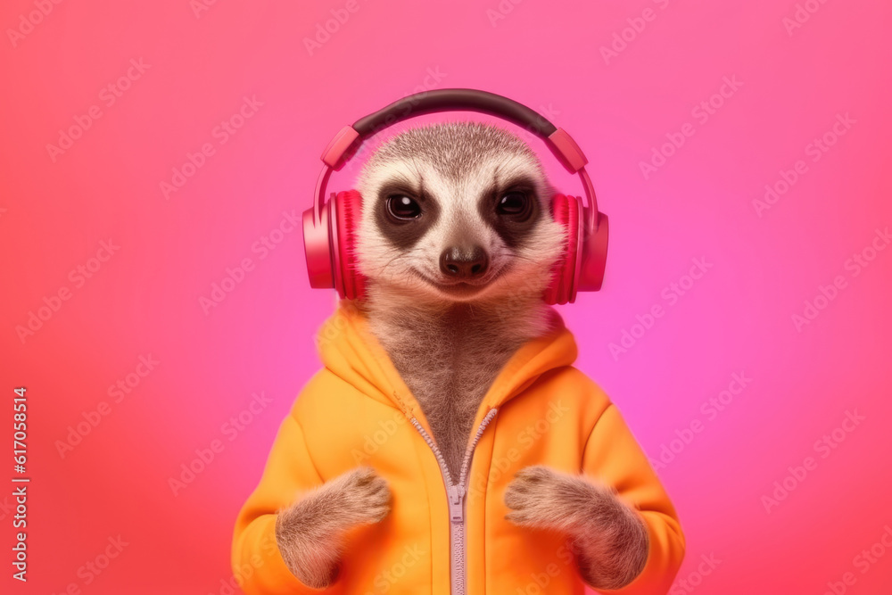 meerkat in headphones on pink background, Generative AI meerkat in headphones on pink background, Generative AI