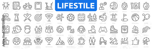 Lifestyle icon set. Hobby and lifestyle. Healthy lifestyle, diet, exercise, sleep, relationships, running, routine, self-care, culture, hobby and more. Vector illustration