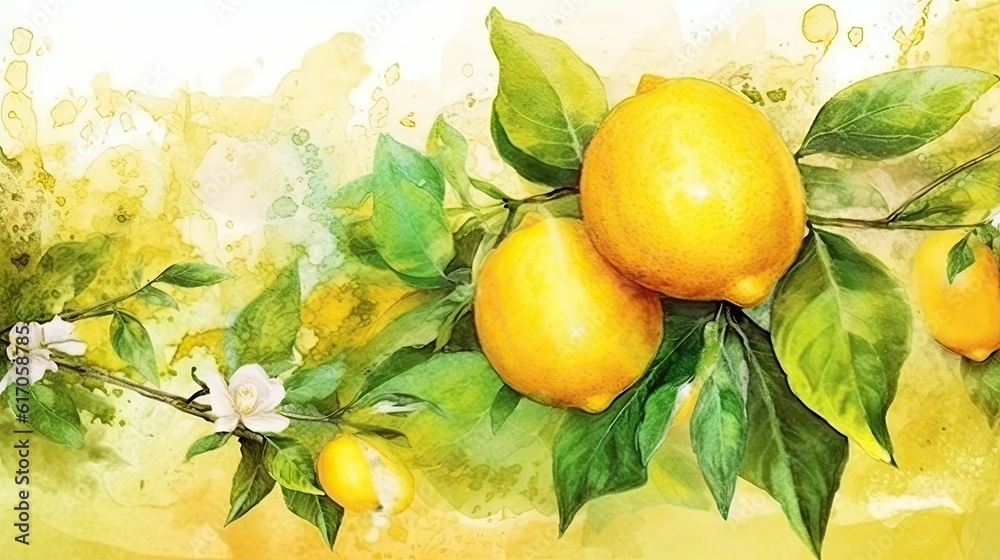 Watercolor style Lemon fruit in colorful style illustration. Natural food painting art. Generative AI