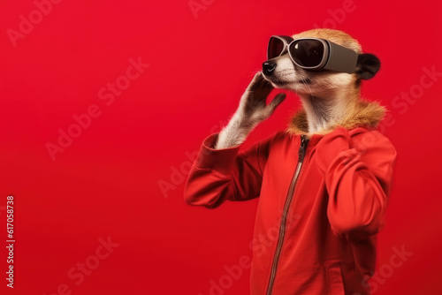 meerkat in VR glasses on red background, Generative AI © gankevstock