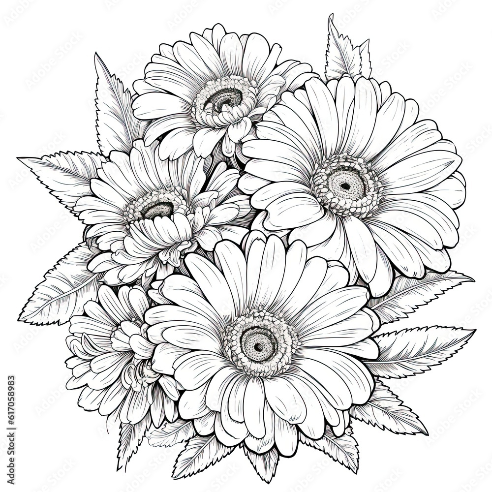 Cute Gerbera flower in coloring page style illustration. Line art painting. Generative AI Cute Gerbera flower in coloring page style illustration. Line art painting. Generative AI