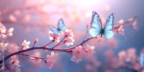 Beautiful cherry tree blossoms with exotic butterfly stock photo, Blossoming sakura and bright blue morpho butterfly