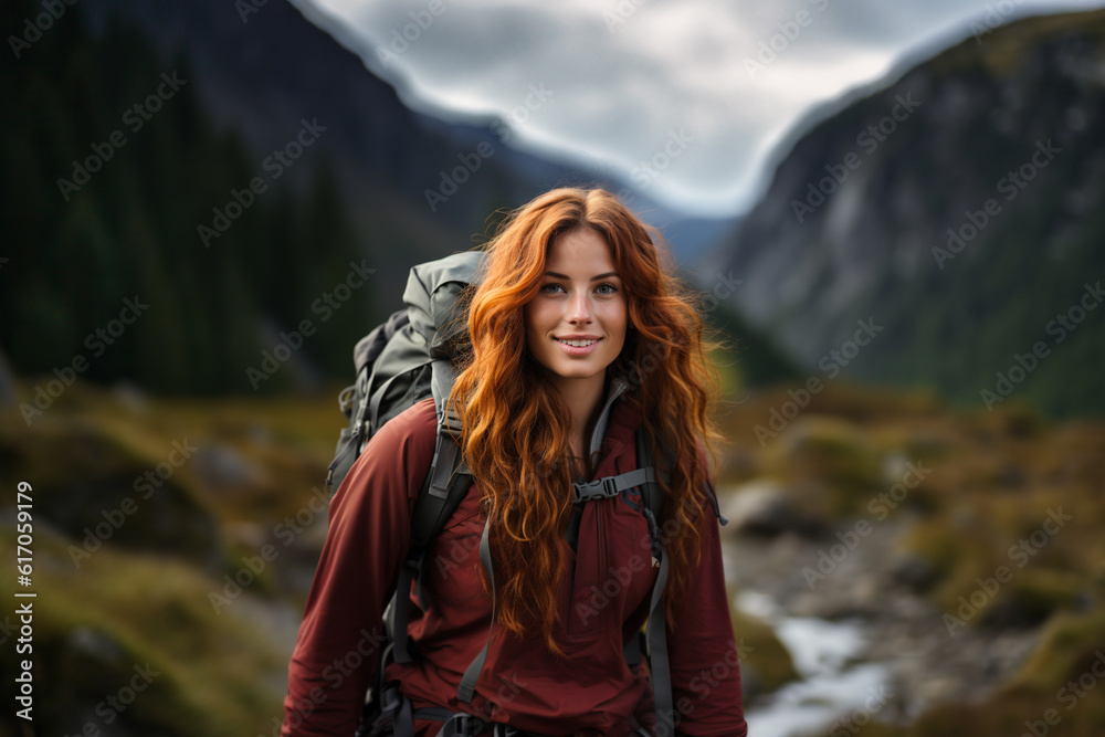 Portrait of a smiling red haired woman climbing