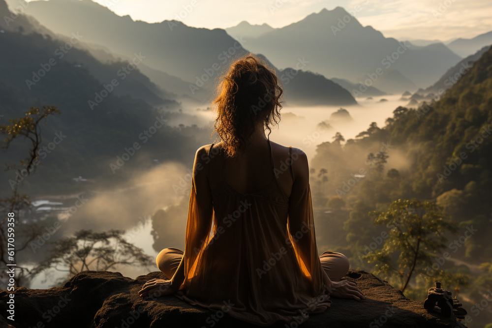 Backview of a red haired woman sitting on a mountain