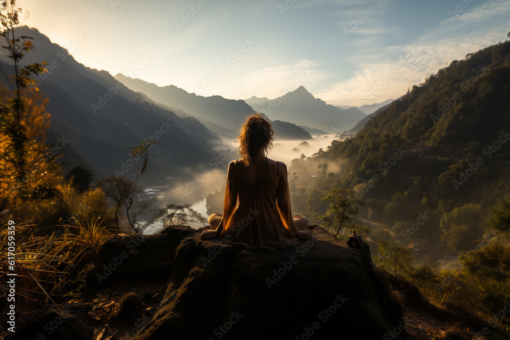 Backview of a blond woman sitting on a mountain