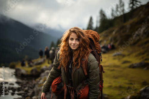 Portrait of a smiling red haired woman climbing