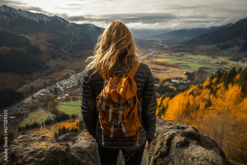 Backview of a blond woman on a mountain