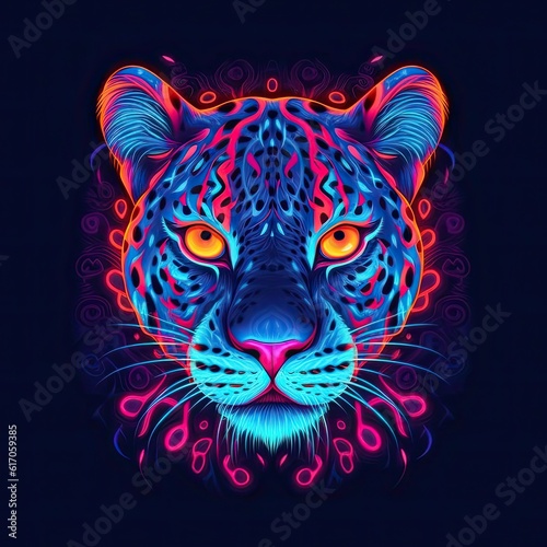 Cute Jaguar animal in neon style. Portrait of glow light animal. Generative AI