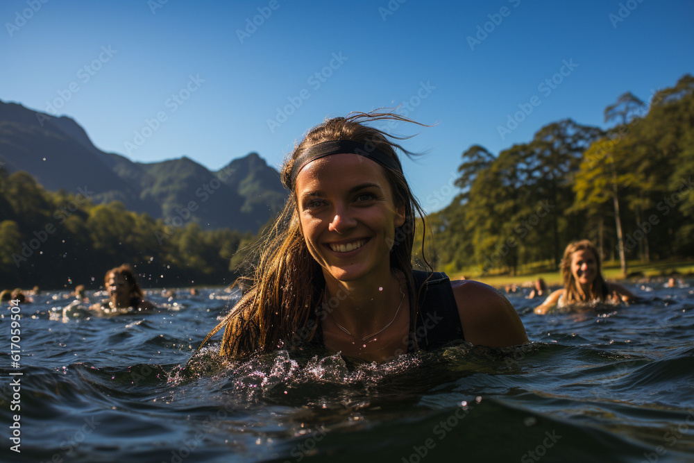 Close up of women swimming in a wild river