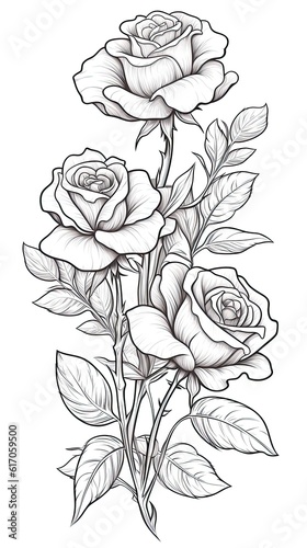 Cute Rose flower in coloring page style illustration. Line art painting. Generative AI