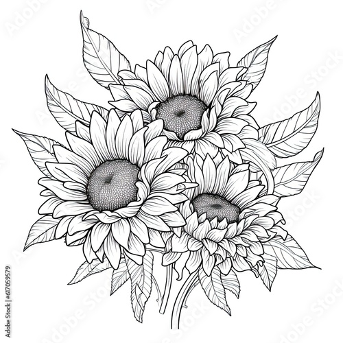 Cute Sunflower flower in coloring page style illustration. Line art painting. Generative AI