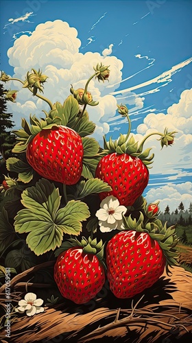 Strawberries fruits vintage art illustration. Natural eco food design. Generative AI