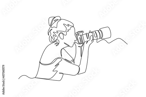 Single one line drawing  Photographer with camera. World photography day concept. Continuous line draw design graphic vector illustration.