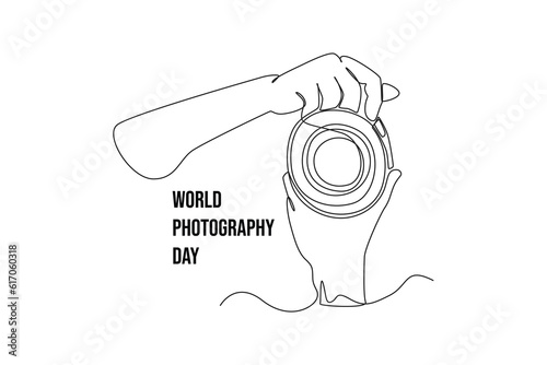 Single one line drawing  Photographer with camera. World photography day concept. Continuous line draw design graphic vector illustration.