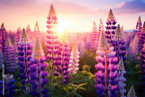 Field of lupin flowers  close up Generative AI