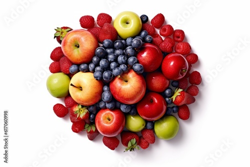 Colorful fruits, including oranges, apples, grapes, and berries, arranged neatly on a clean white background, perfect for promoting healthy eating and a balanced lifestyle. Generative Ai