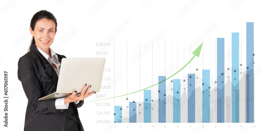 Businesswoman analyzing forex trading graph financial data on laptop computer. 2023 business finance technology and investment concept. Stock Market Investments Funds and Digital Assets. Businesswoman analyzing forex trading graph financial data on laptop computer. 2023 business finance technology and investment concept. Stock Market Investments Funds and Digital Assets.