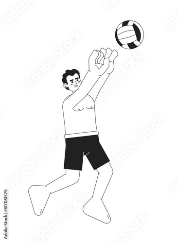 Male volleyball player spiking monochromatic flat vector character. Swimwear man jumping with ball. Editable thin line full body person on white. Simple bw cartoon spot image for web graphic design