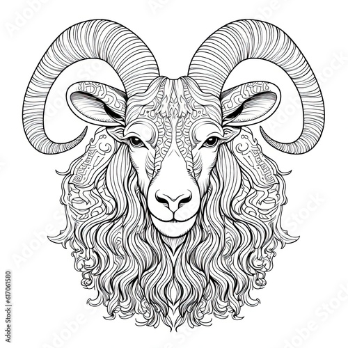 Goat animal line art illustration. Black and white coloring page style art. Generative AI