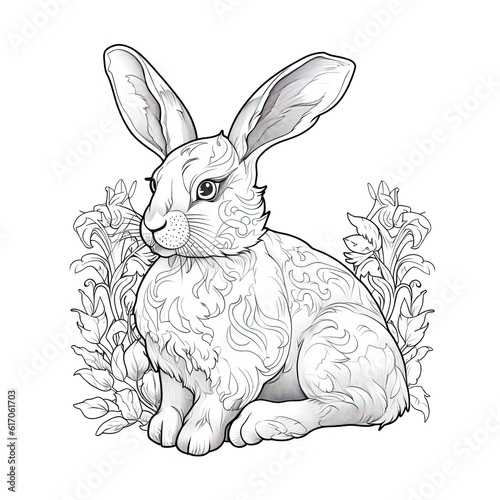 Rabbit animal line art illustration. Black and white coloring page style art. Generative AI