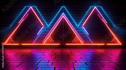 A neon-infused stage design with intricate fractal patterns, emanating a vibrant and kaleidoscopic glow. Abstract futuristic neon light background. Generative AI