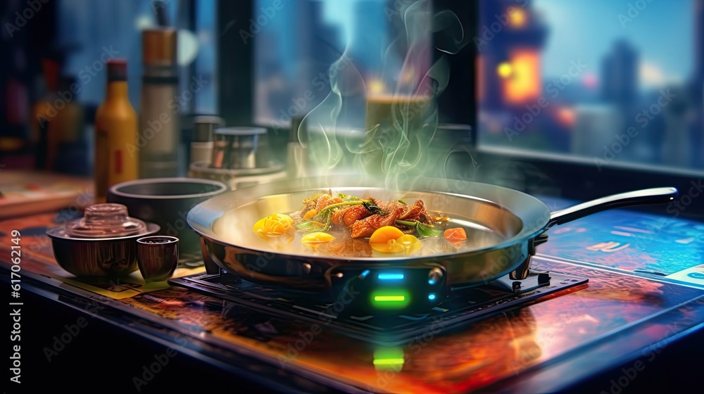 Electric griddle appliance. Futuristic device in colorful illustration. Generative AI Electric griddle appliance. Futuristic device in colorful illustration. Generative AI