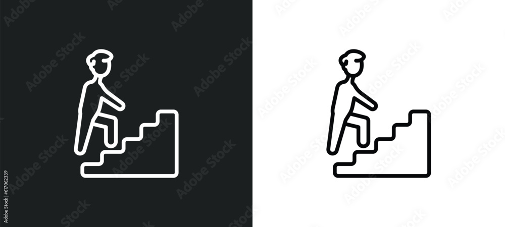 man climbing stairs line icon in white and black colors. man climbing stairs flat vector icon from man climbing stairs collection for web, mobile apps and ui. man climbing stairs line icon in white and black colors. man climbing stairs flat vector icon from man climbing stairs collection for web, mobile apps and ui.