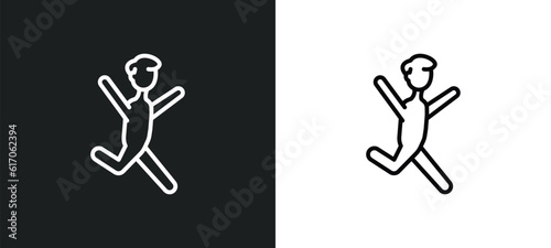 happy man jumping line icon in white and black colors. happy man jumping flat vector icon from happy man jumping collection for web, mobile apps and ui.