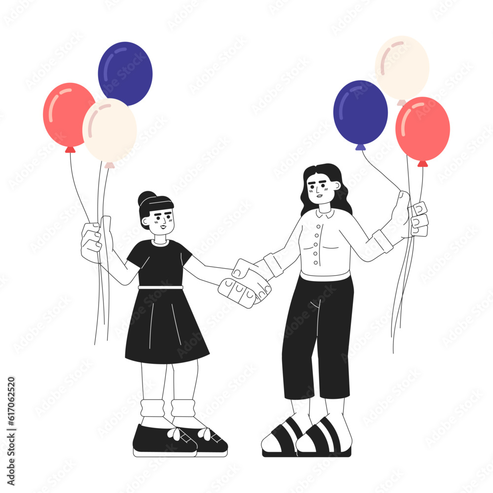 Mother and daughter with patriotic balloons monochrome vector spot illustration. Arab family 2D flat bw cartoon characters for web UI design. 4th independence day isolated editable hero image Mother and daughter with patriotic balloons monochrome vector spot illustration. Arab family 2D flat bw cartoon characters for web UI design. 4th independence day isolated editable hero image