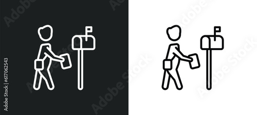 postman working line icon in white and black colors. postman working flat vector icon from postman working collection for web, mobile apps and ui.