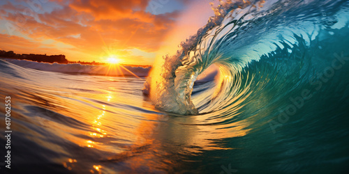 Surfing ocean wave at sunset. Beautiful natural background with blue and orange colors created with AI 
