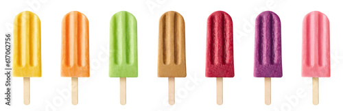 Set of various colorful fruit and berry popsicles on white background photo