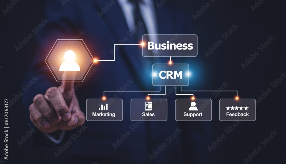 CRM Customer Relationship Management concept, Businessman using CRM software for business marketing, Customer management.
