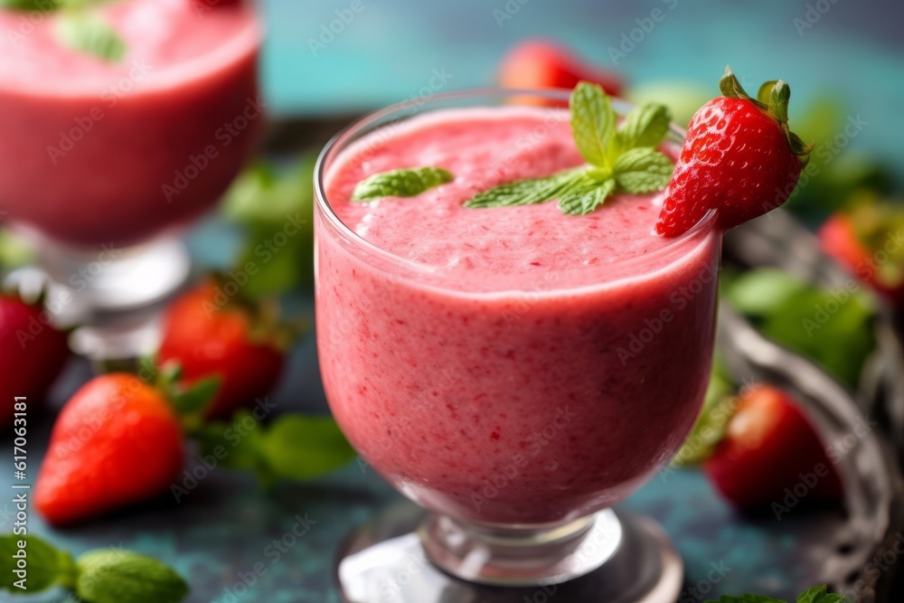 Refreshing strawberry smoothie in a glass, surrounded by whole strawberries and mint leaves, inspiring a healthy and tasty lifestyle. Generative Ai Refreshing strawberry smoothie in a glass, surrounded by whole strawberries and mint leaves, inspiring a healthy and tasty lifestyle. Generative Ai