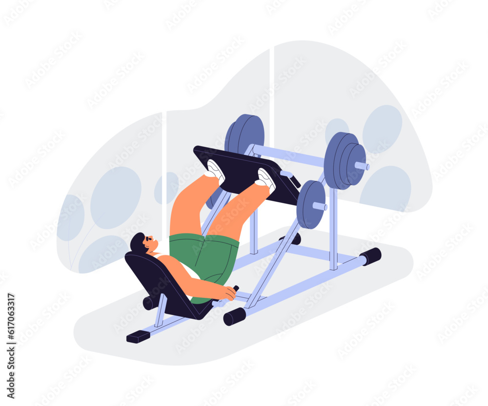 Man exercising with leg press machine, lifting platform with weight
