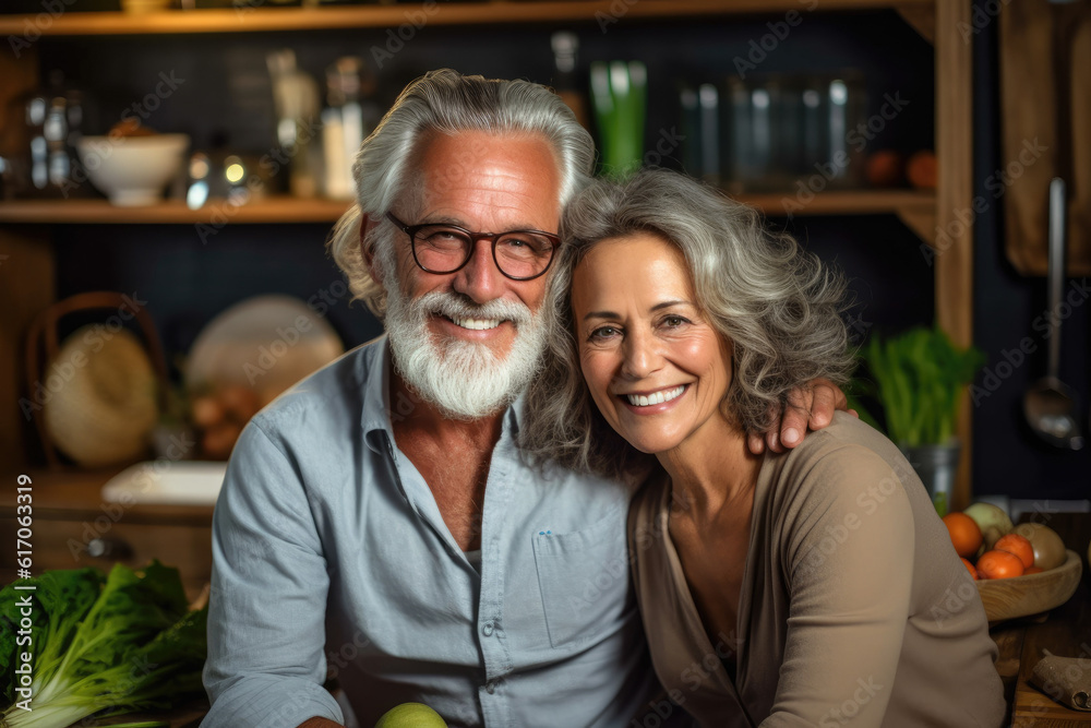 Illustration Portrait of happy senior couple looking at camera in kitchen at home, ai generative. Illustration Portrait of happy senior couple looking at camera in kitchen at home, ai generative.