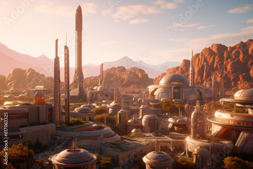 Human Colony with Futuristic Industrial and Residential Buildings Situated on Mars. Generative AI. photo