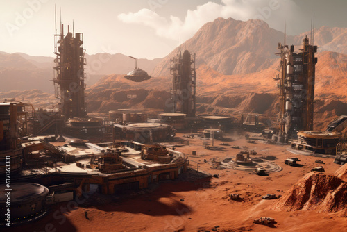 Futuristic Landscape of Mars with Colony Buildings, Spaceships and Laboratories. Generative AI.